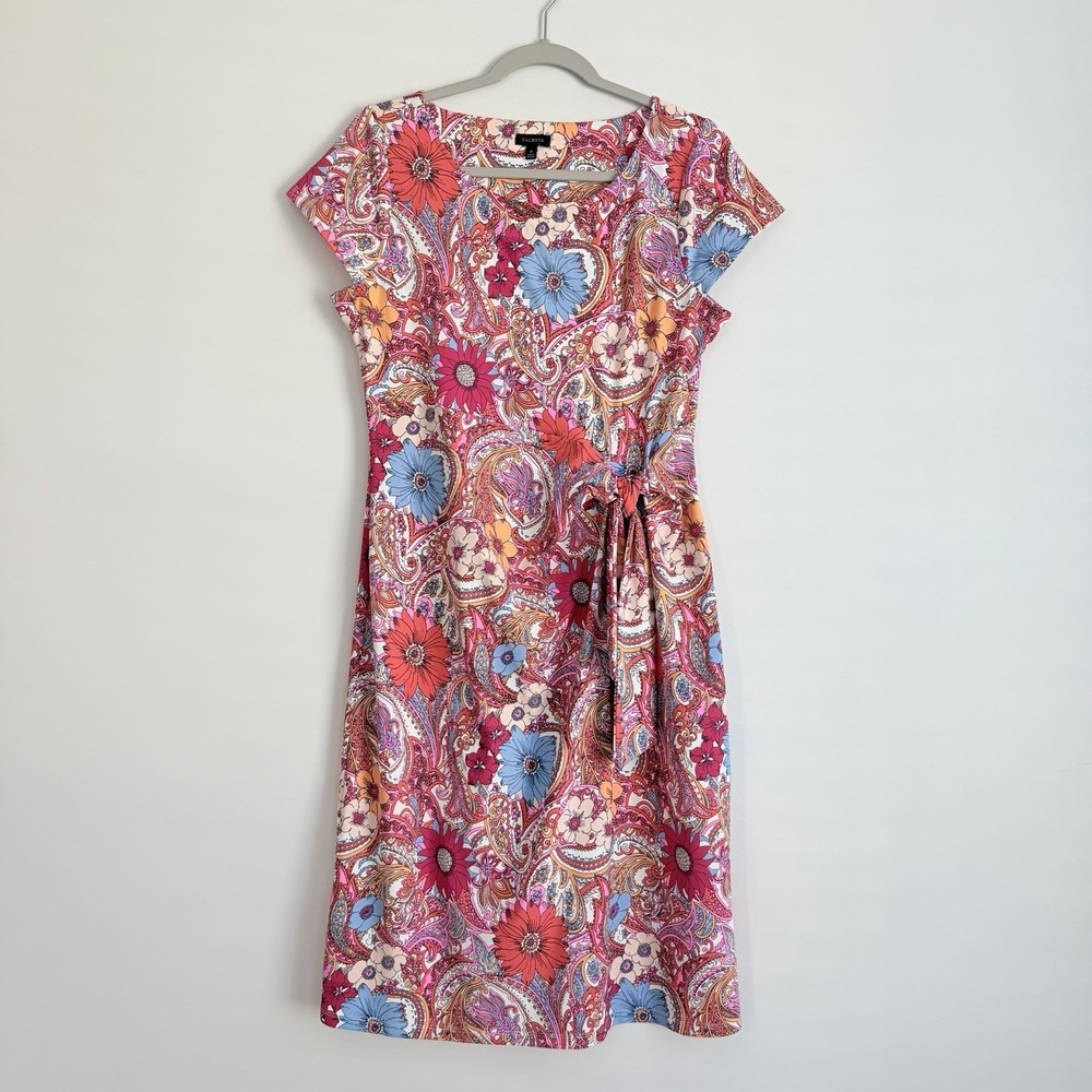TALBOTS Paisley Floral Faux Wrap Dress Size Medium Stretch Knit Summer Retro